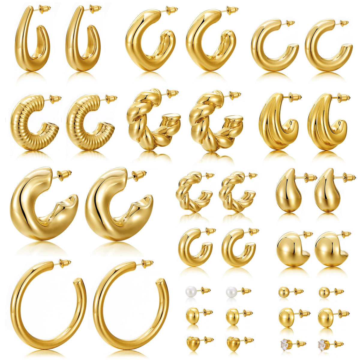 Hoop and Stud Earring Set with Gold-Colored Shape Variety