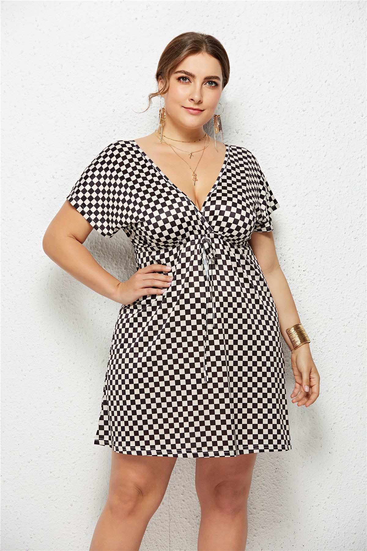 Printed V-Neck Dress with Elastic Waist and Short Sleeves