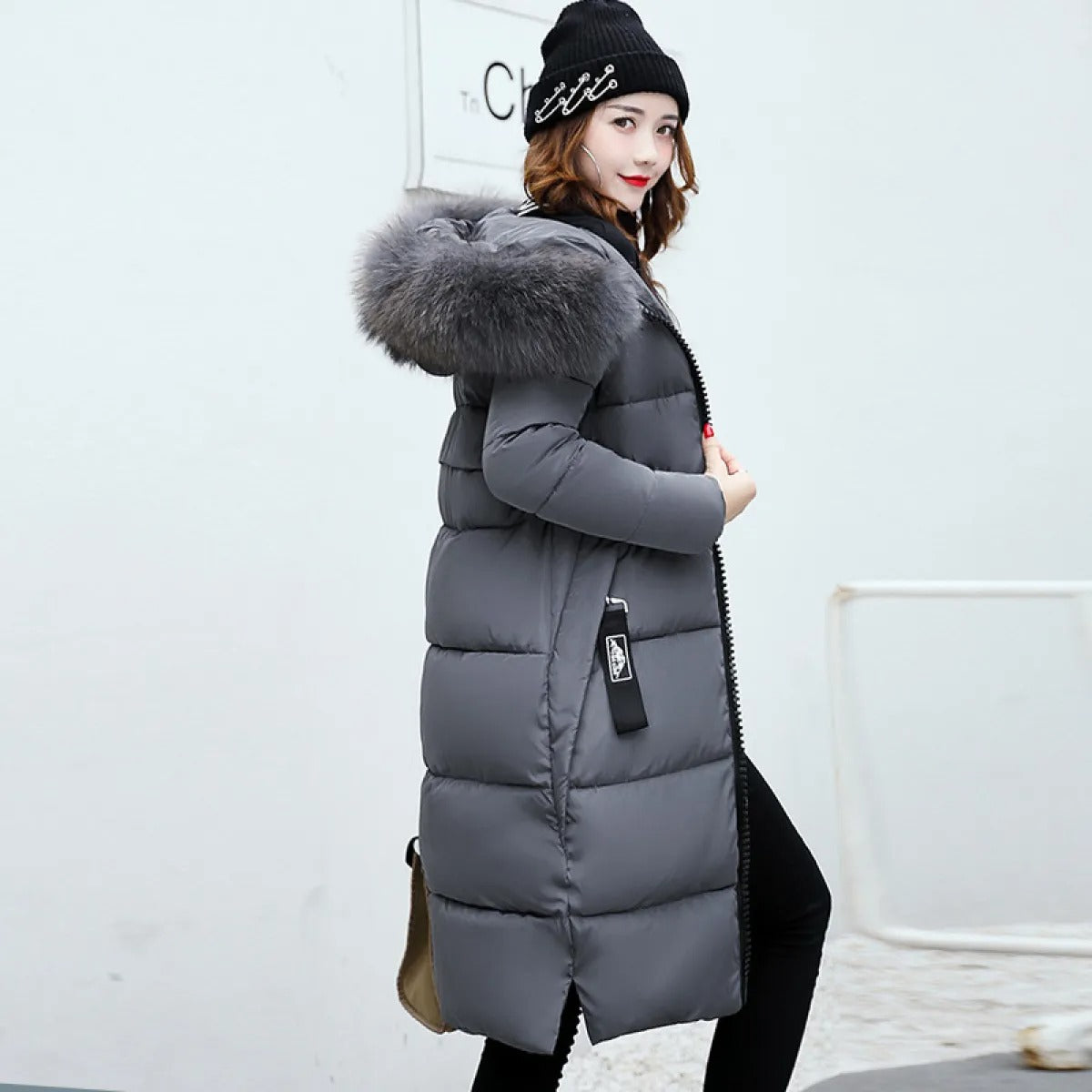 Plush Collar Padded Coat – Slim-Fit Polyester Outerwear
