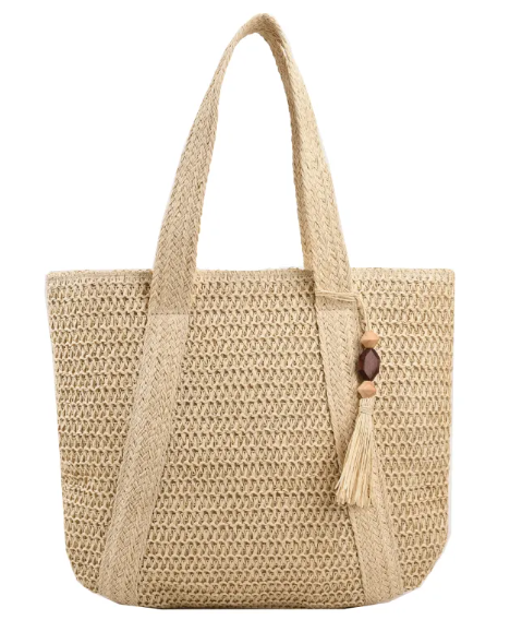 Women's Paper-Straw Shoulder Tote with Tassel Accent