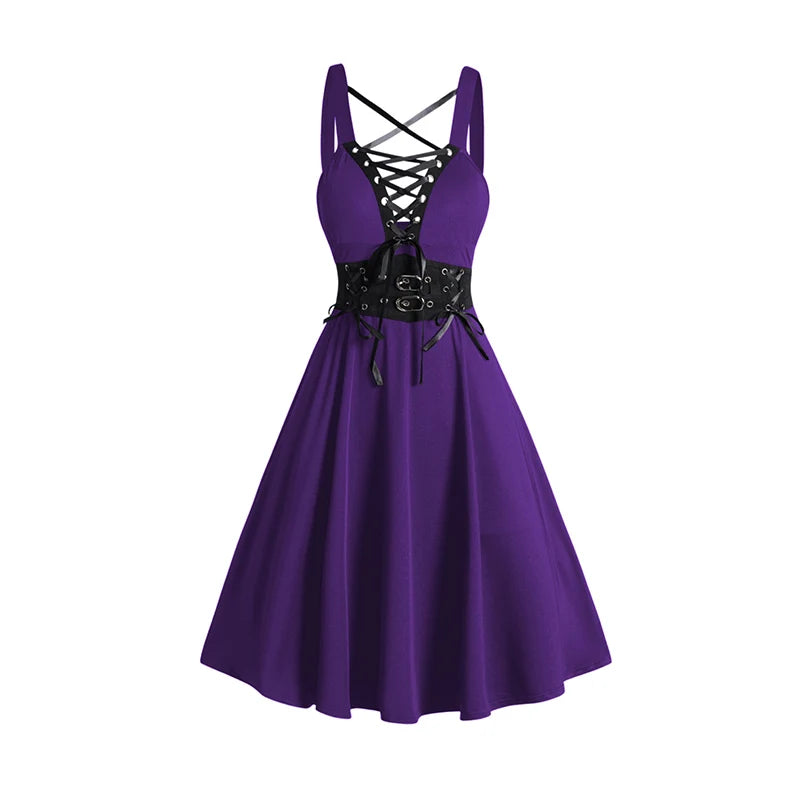 Chic Gothic Dress Outfit for Women: Open Front Jacket & Lace-Up Crisscross Dress