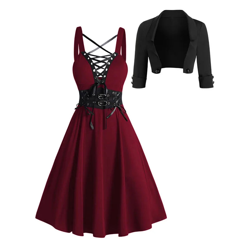 Chic Gothic Dress Outfit for Women: Open Front Jacket & Lace-Up Crisscross Dress