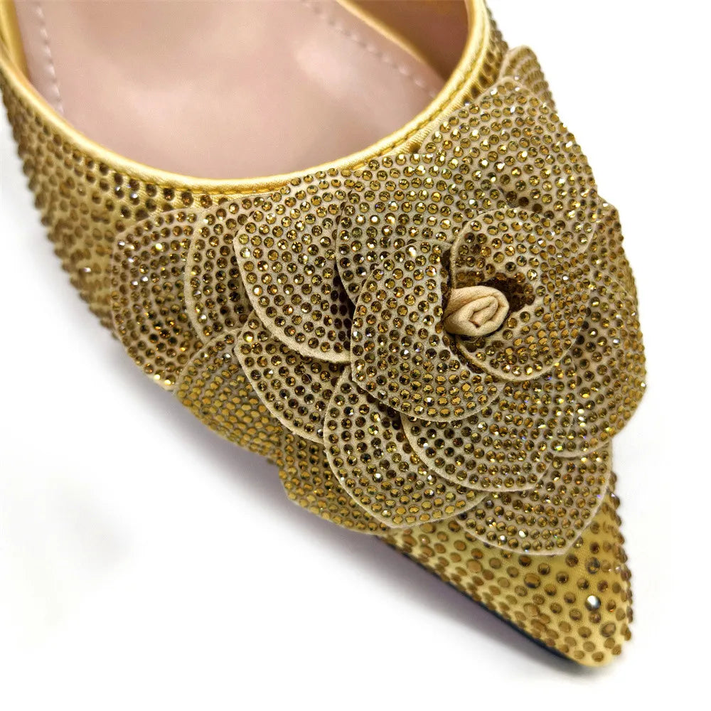 Elegant Peach Shoe and Bag Set – Stunning Rhinestone Slingbacks with Pearls Knot