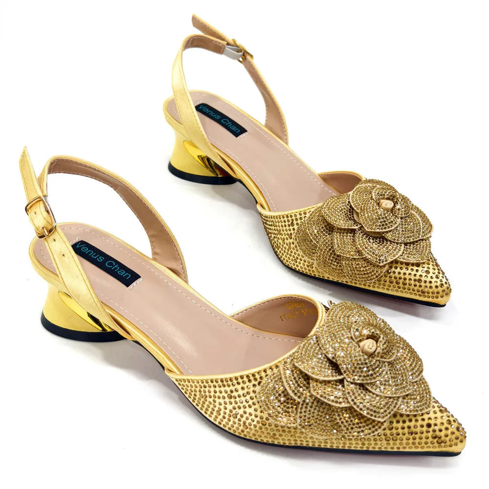 Elegant Peach Shoe and Bag Set – Stunning Rhinestone Slingbacks with Pearls Knot