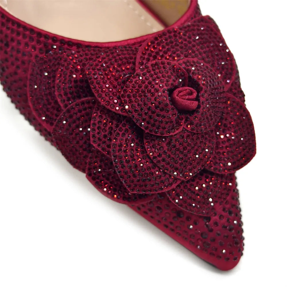 Elegant Peach Shoe and Bag Set – Stunning Rhinestone Slingbacks with Pearls Knot