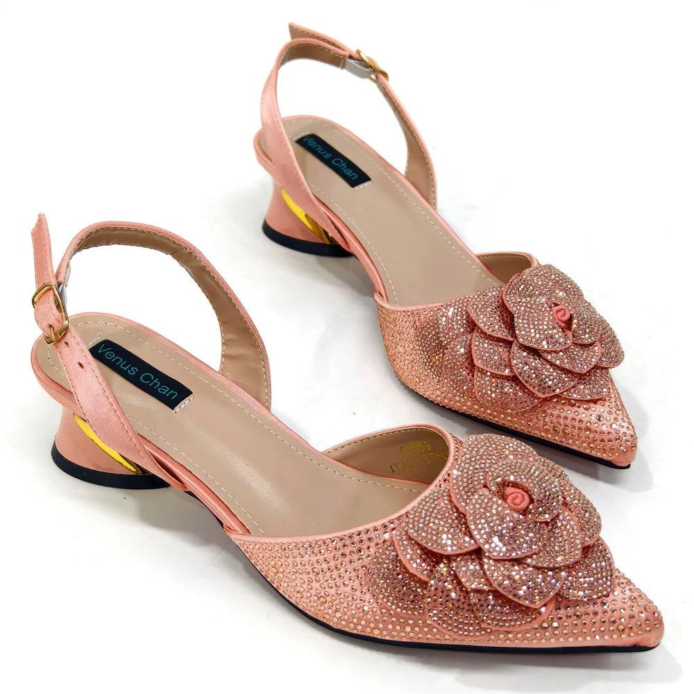 Elegant Peach Shoe and Bag Set – Stunning Rhinestone Slingbacks with Pearls Knot