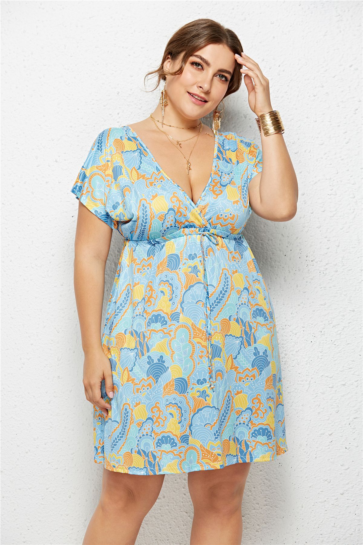 Printed V-Neck Dress with Elastic Waist and Short Sleeves