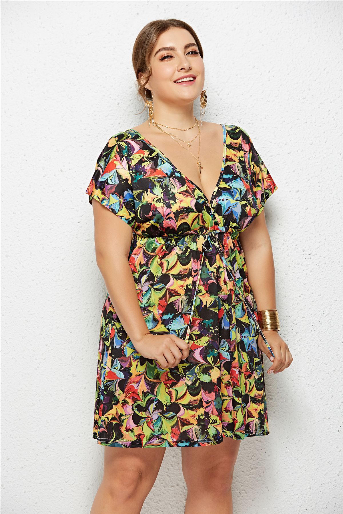 Printed V-Neck Dress with Elastic Waist and Short Sleeves