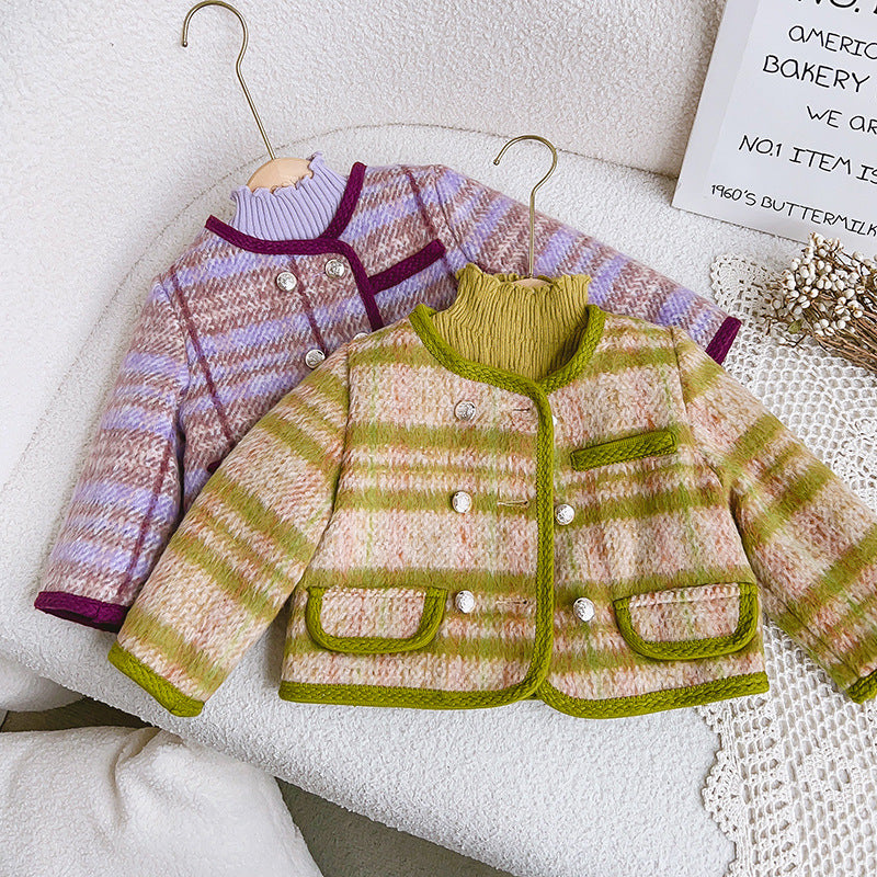 Girls' Double-Breasted Coat – Green or Purple Winter Style
