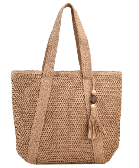 Women's Paper-Straw Shoulder Tote with Tassel Accent