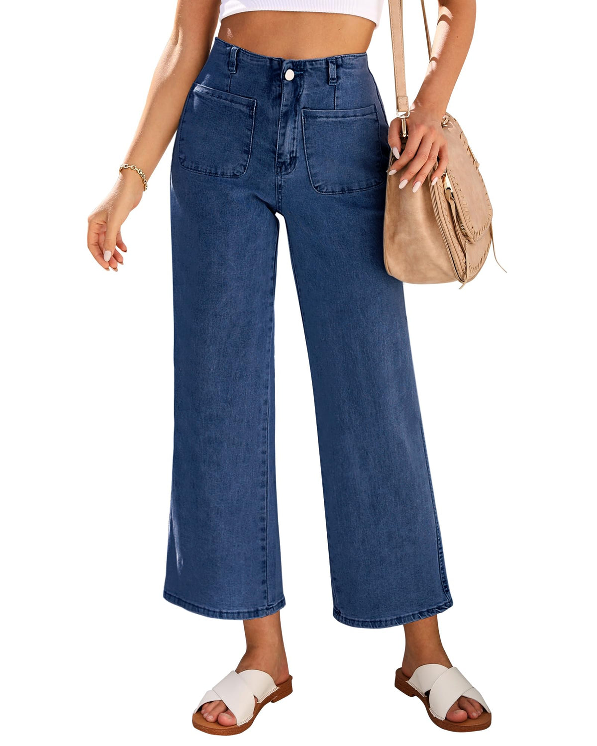 LookbookStore Women's High-Waisted Cropped Wide-Leg Jeans