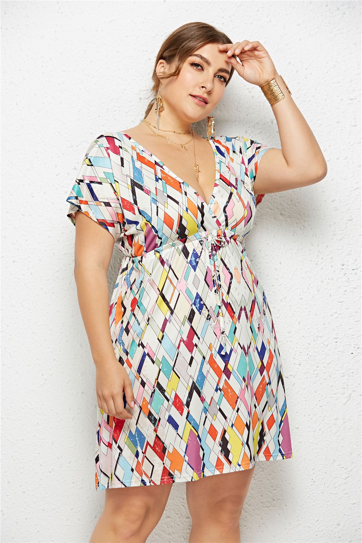 Printed V-Neck Dress with Elastic Waist and Short Sleeves