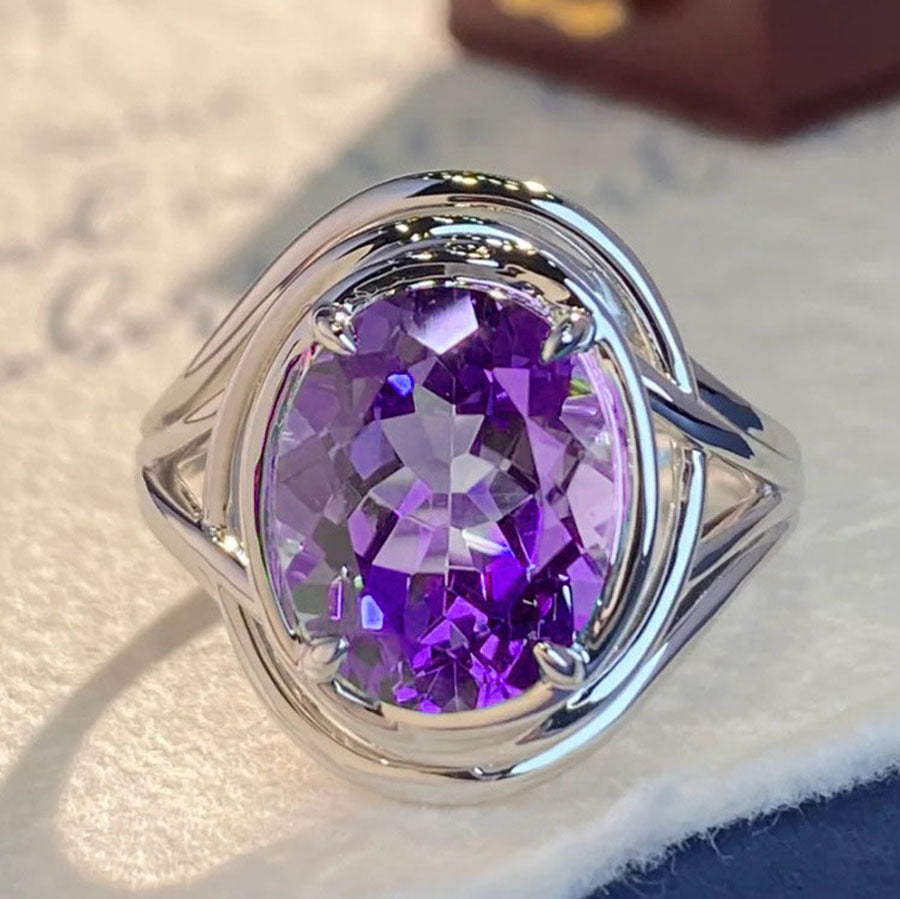 Purple Oval Fashion Ring – Silver Tone