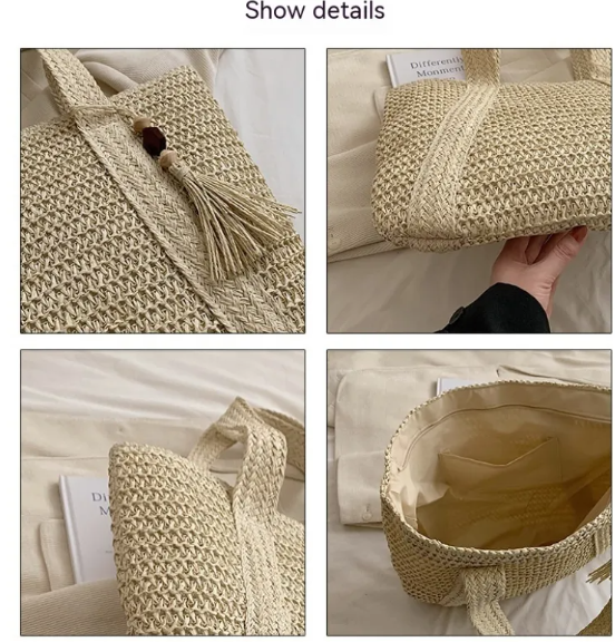 Women's Paper-Straw Shoulder Tote with Tassel Accent