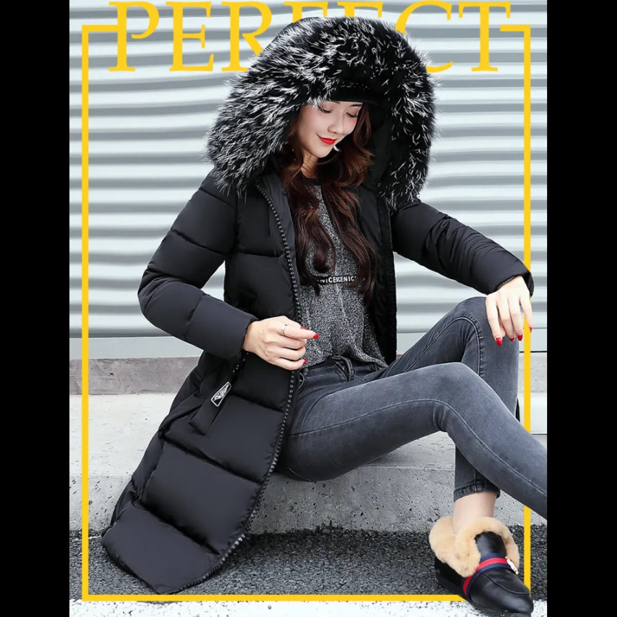 Plush Collar Padded Coat – Slim-Fit Polyester Outerwear